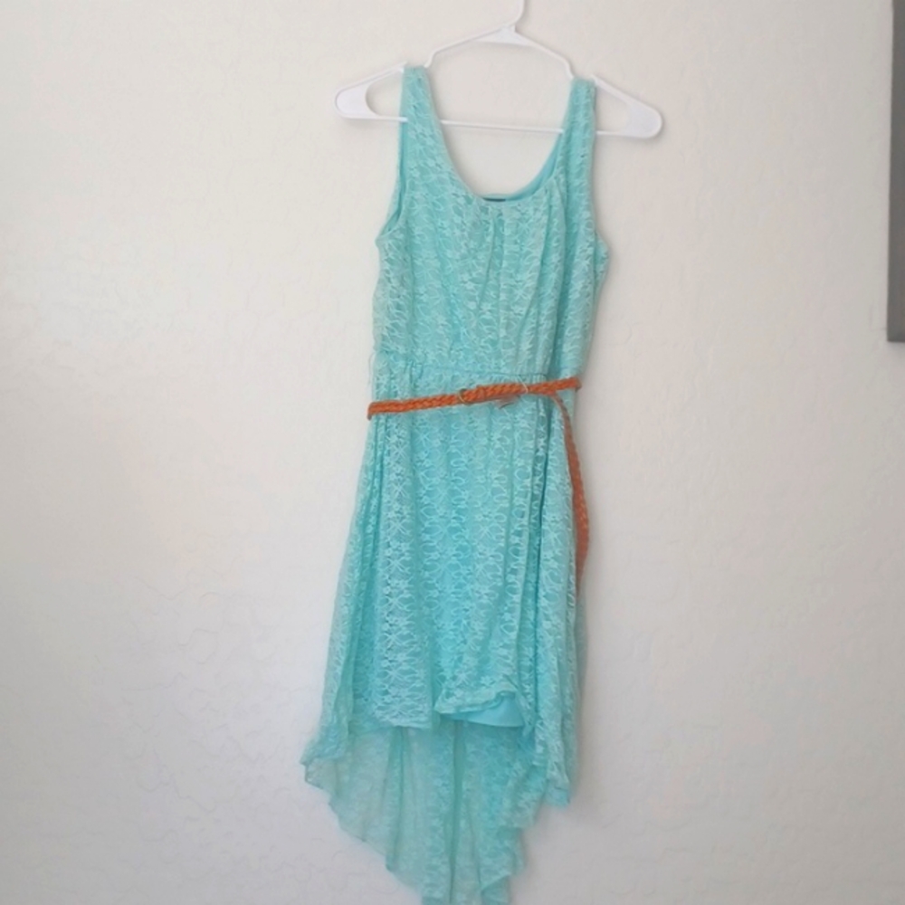 Love Reign Teal Lace High Low Dress with a Brown Fossil Belt Size Small